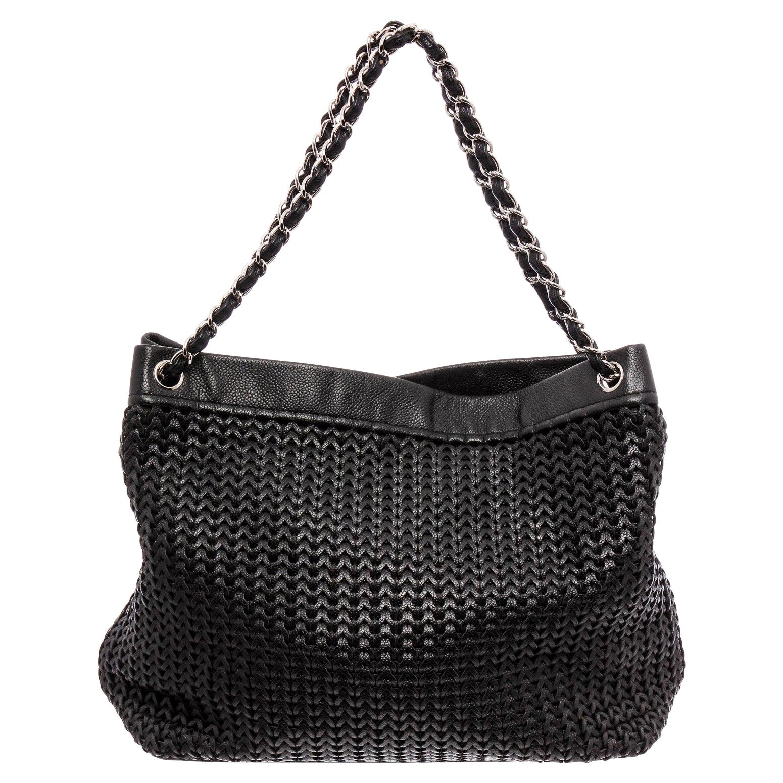 Chanel Black Woven Braided Leather CC Silver Chain Tote Shoulder