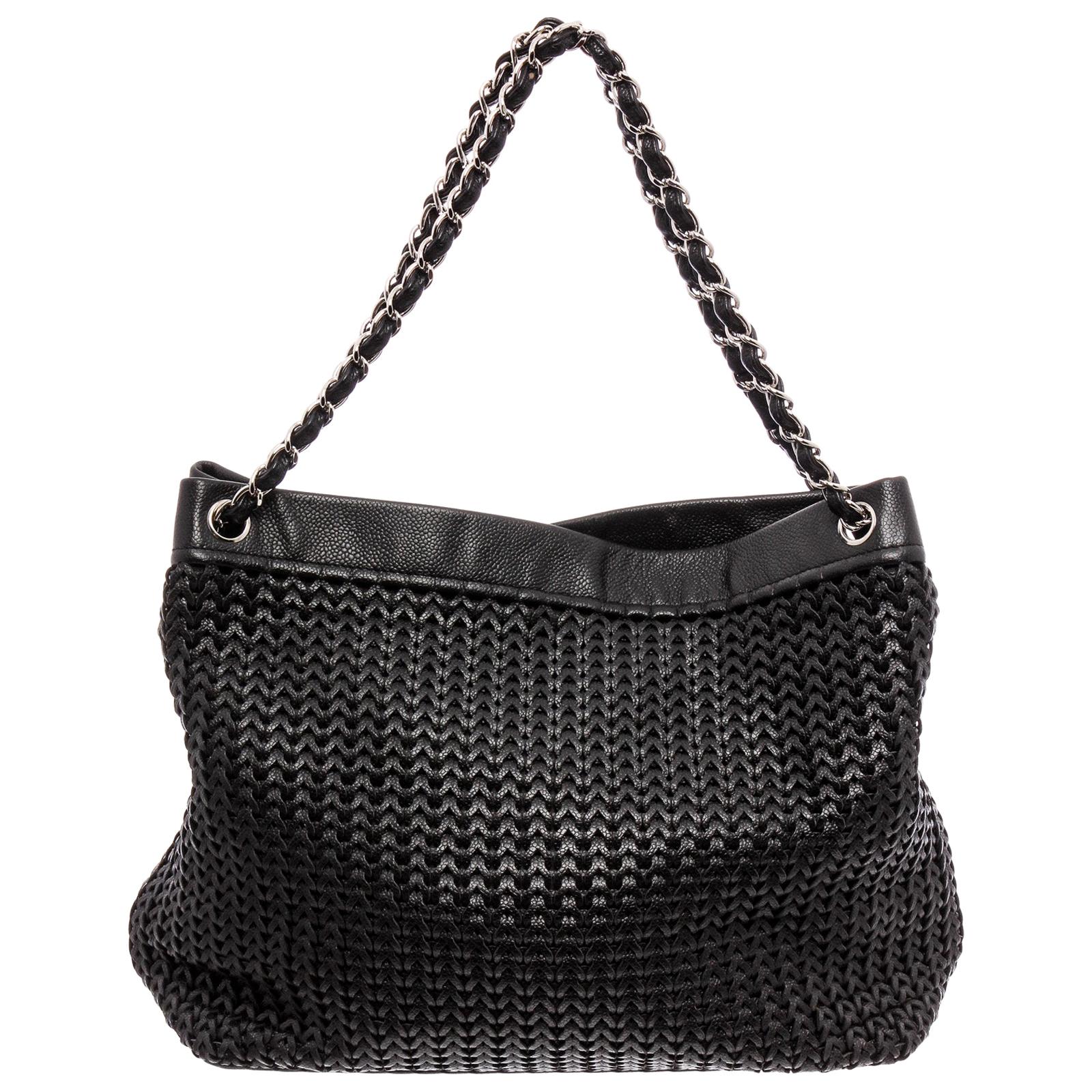 Chanel Black Woven Braided Leather CC Silver Chain Tote Shoulder