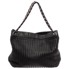 Chanel Black Woven Braided Leather CC Silver Chain Tote Shoulder Bag