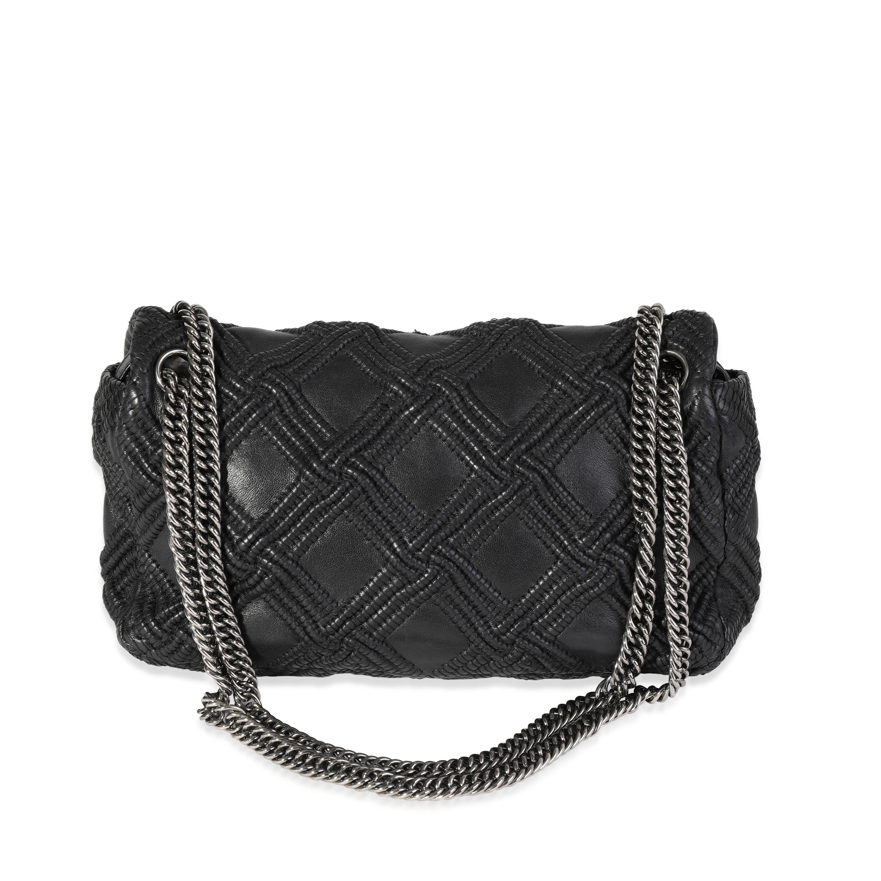 Chanel Black Woven Grid Leather Single Flap Bag In Excellent Condition In New York, NY