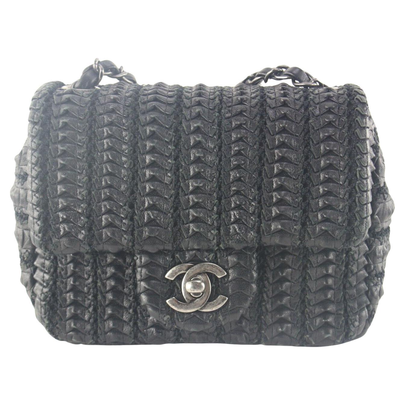 Chanel Black Woven Leather Mini Square Classic Flap SHW 2C109K For Sale