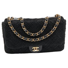 Chanel Black Woven Quilted Raffia and Leather Flap Shoulder Bag