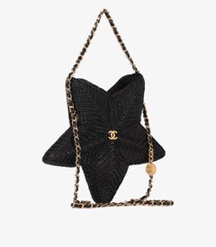 Chanel Black Woven Raffia & Lambskin Leather Star Coco Beach Bag