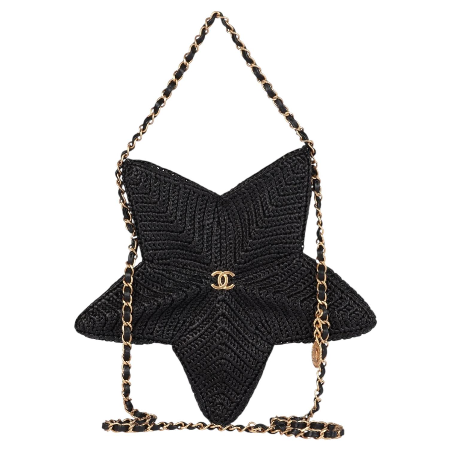 Chanel Black Woven Raffia & Lambskin Leather Star Coco Beach Bag
