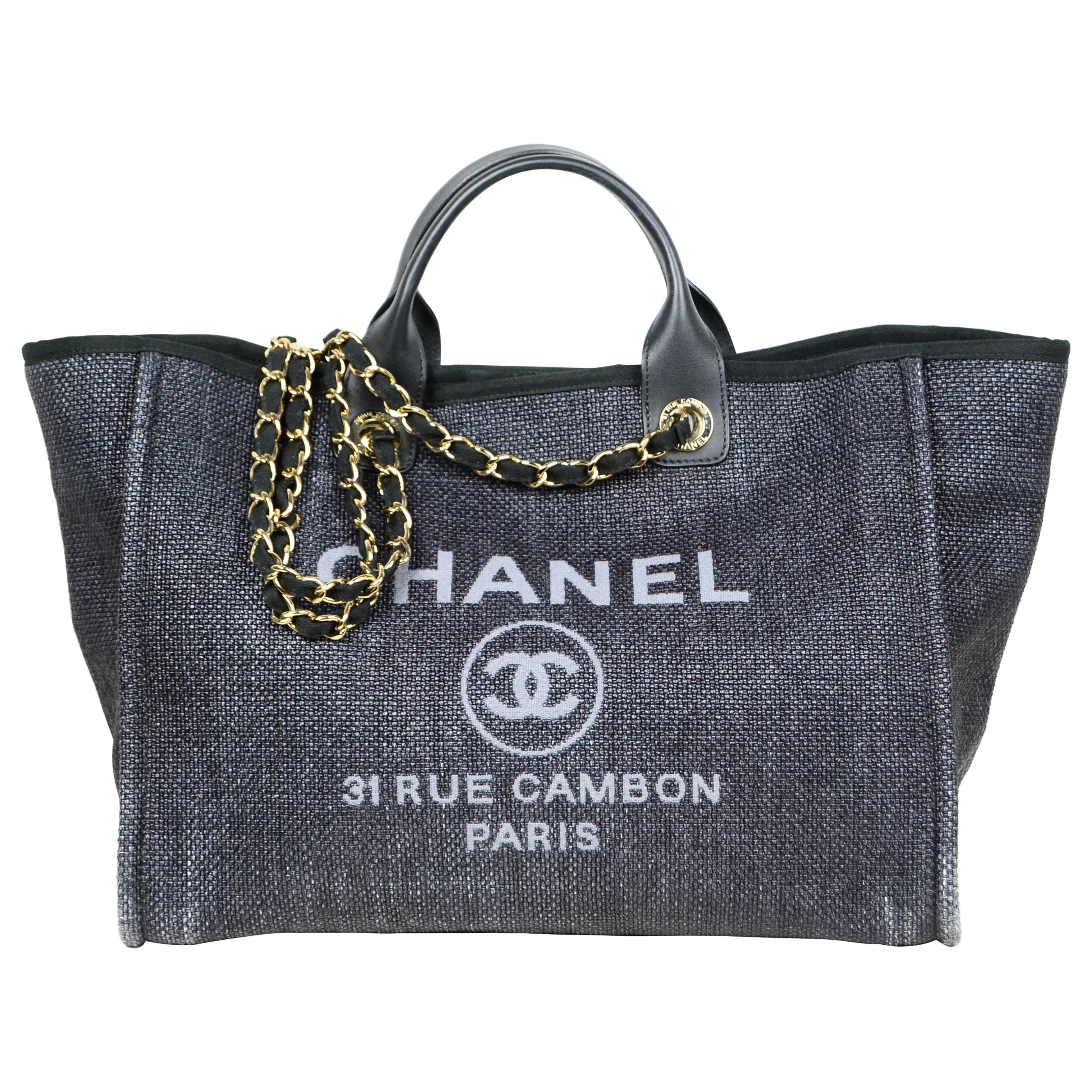 Chanel Black Woven Straw Raffia Medium Deauville Tote Bag For
