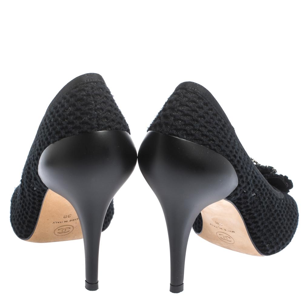 Women's Chanel Black Woven Tweed Crystal Embellished Camelia Peep Toe Pumps Size 38