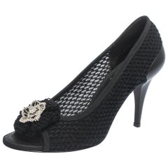 Chanel Black Woven Tweed Crystal Embellished Camelia Peep Toe Pumps Size 38