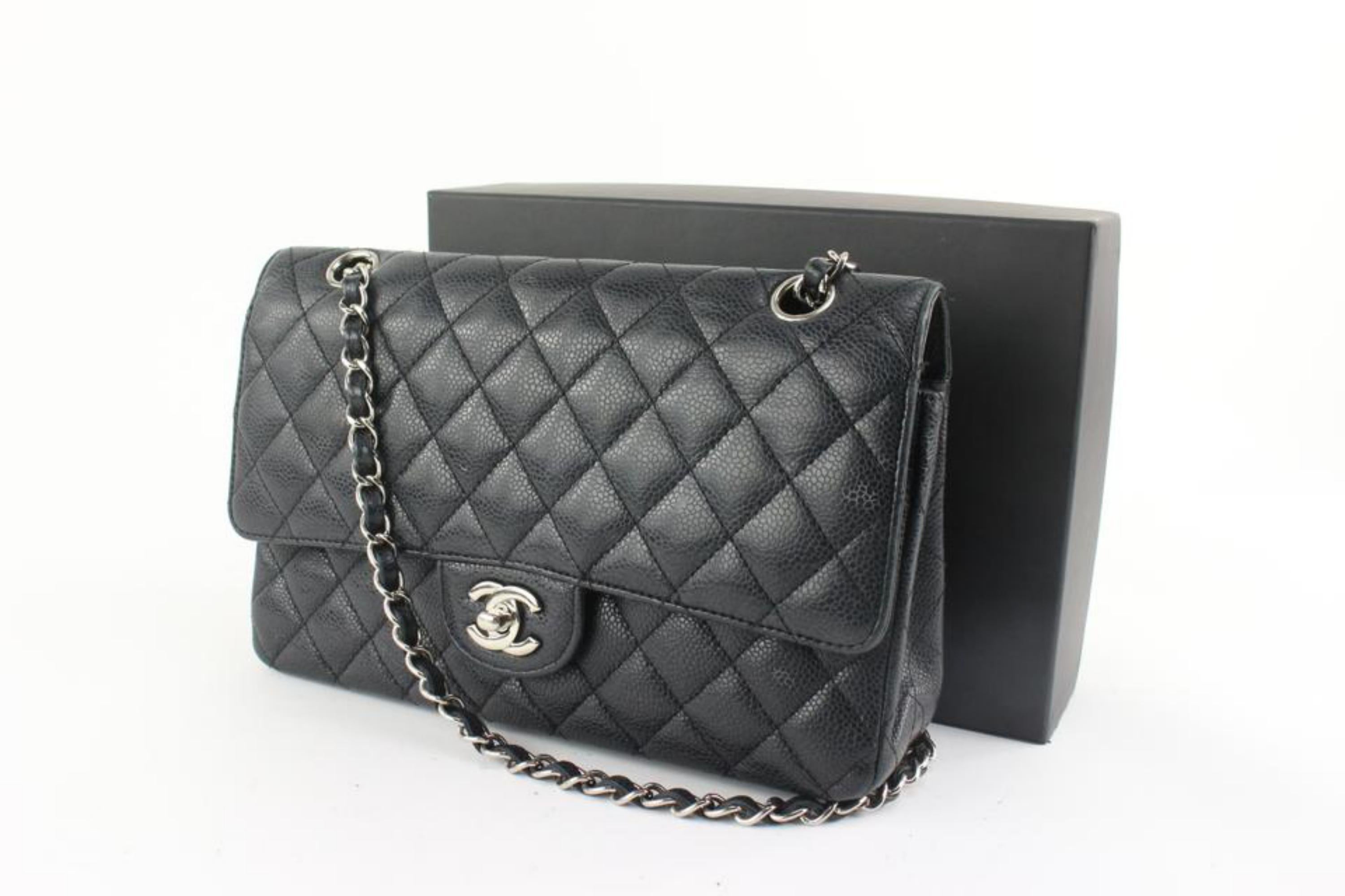 Chanel Black x Silver Quilted Caviar Leather Medium Classic Double Flap 122c9
Date Code/Serial Number: 12447951 
Made In: France
Measurements: Length:  10