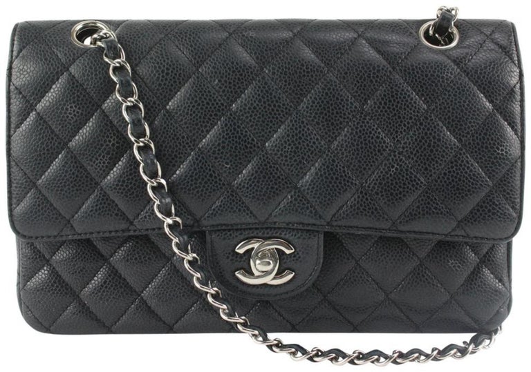 Chanel Black x Silver Quilted Caviar Leather Medium Classic Double Flap  122c9 For Sale at 1stDibs