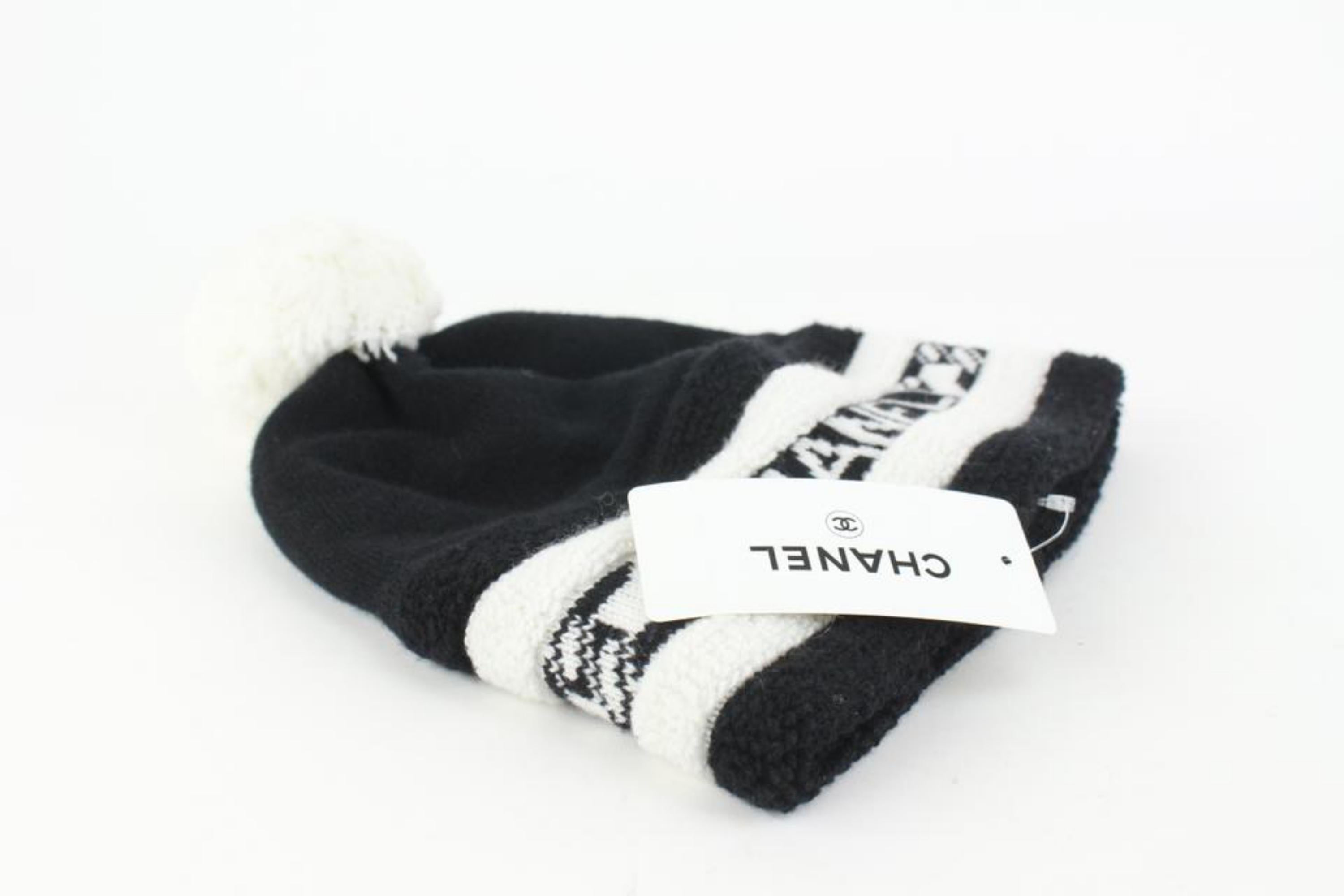 Chanel Black x White Cashmere Pom Pom Beanie Skull Cap Ski Hat 1213c5 5