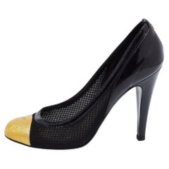 Chanel Black/Yellow Mesh, Patent and Textured Leather Cap-Toe Pumps Size 39
