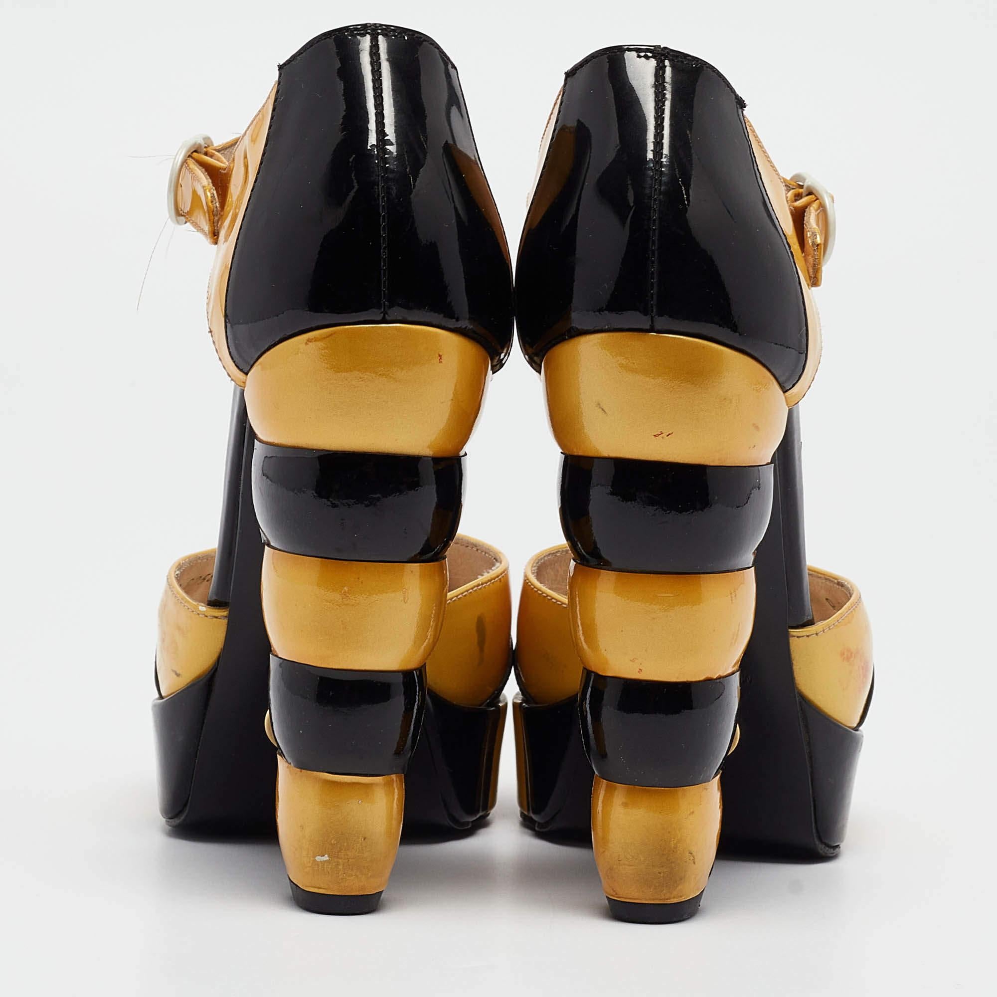 Women's Chanel Black/Yellow Patent Leather Platform Ankle Strap Pumps Size 37.5 For Sale