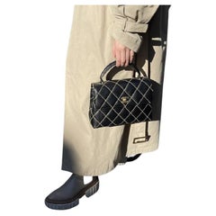 CHANEL Black Yellow Stitch Lambskin Gold Evening Kelly Top Handle Flap Bag