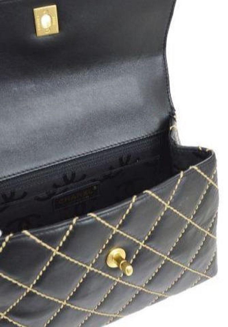 CHANEL Black Yellow Stitch Lambskin Gold Evening Kelly Top Handle Flap Bag For Sale 1