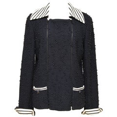 CHANEL Blazer Jacket Coat Tweed Navy Blue Beaded Buttons Zipper 2017 Sz 40