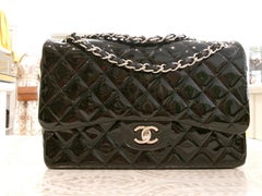 Chanel BLK PATENT DOUBLE FLAP JUMBO -EXCELLANT