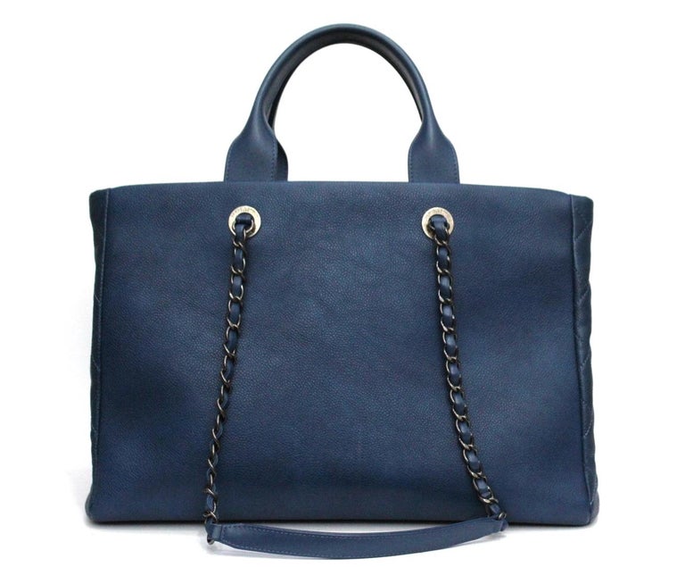 Chanel Blu Navy Leather Tote Shopper Bag For Sale at 1stdibs