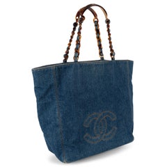 CHANEL blue 1996-99 CC DENIM TORTOISE CHAIN Tote Bag