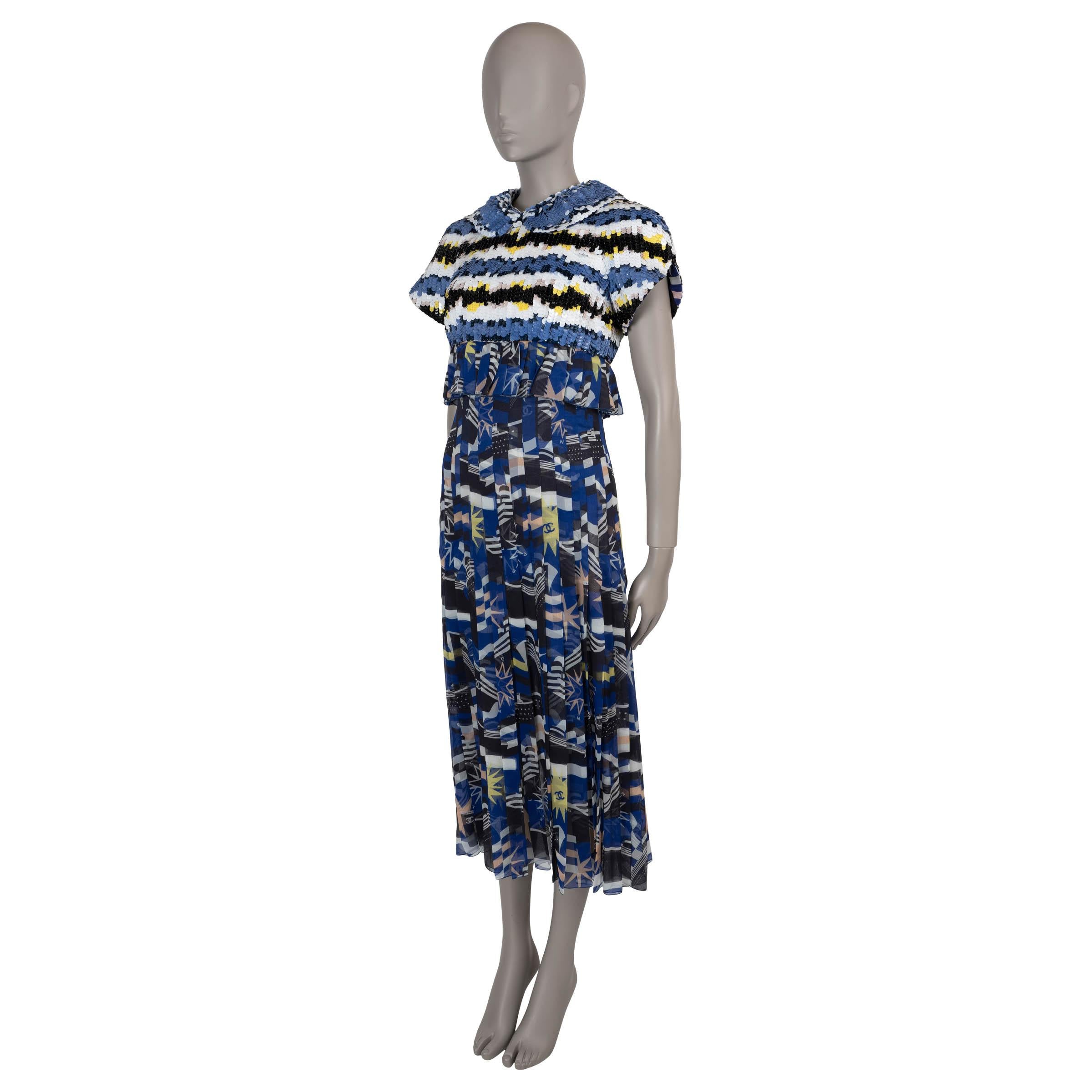 This 100% authentic Chanel cocktail dress in La Pausa-printed chiffon silk (100%) exudes timeless elegance with a playful nautical-inspired twist. Featuring a structured, sequin-covered top with cap sleeves and a charming Peter Pan collar, it