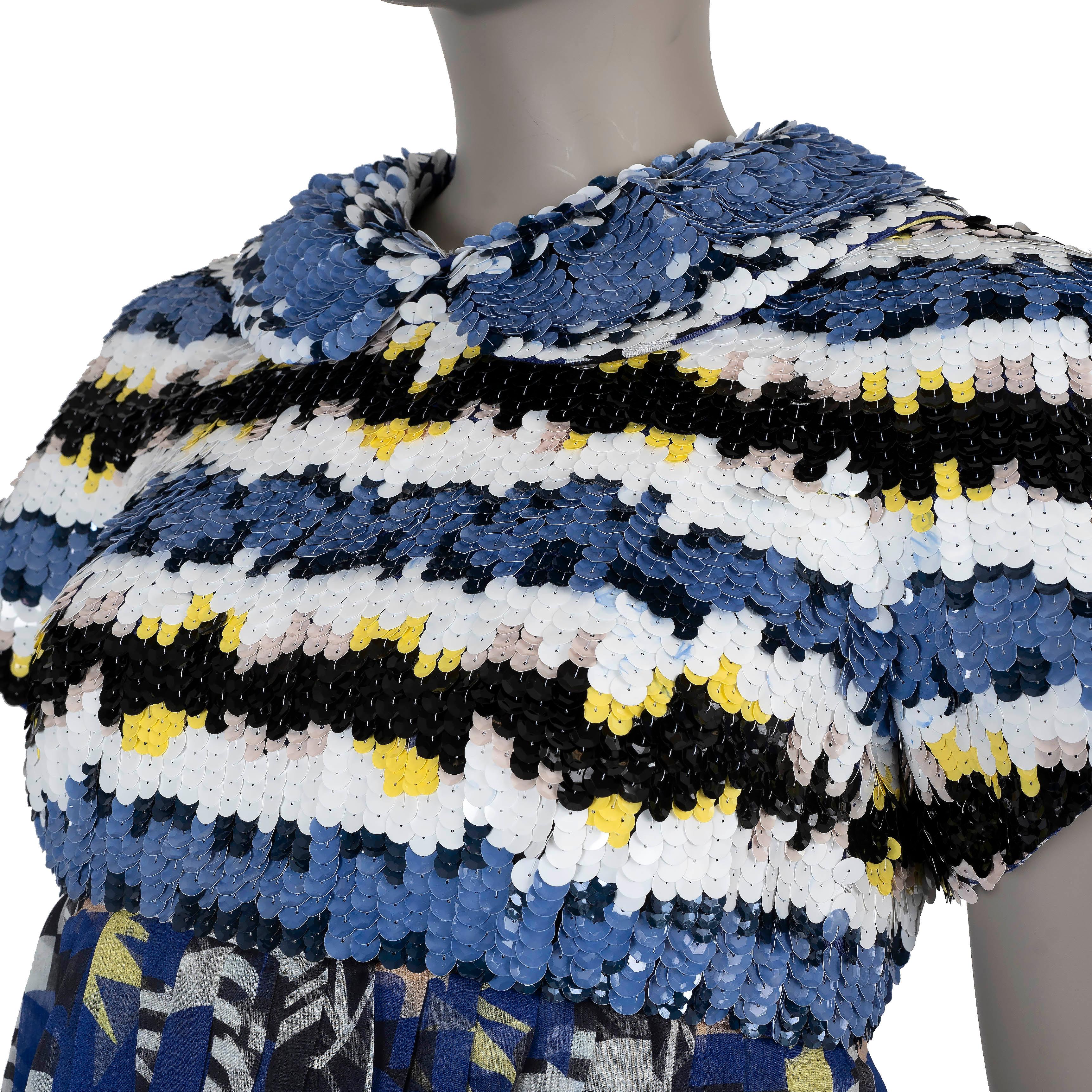 Women's CHANEL blue 19C LA PAUSA SEQUIN PRINTED MIDI Dress 38 S $53k For Sale