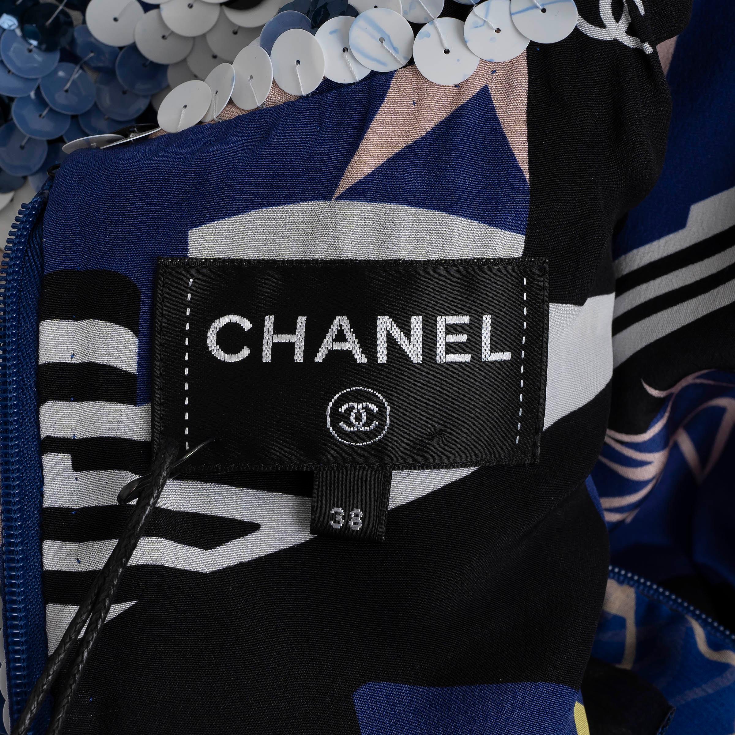 CHANEL blue 19C LA PAUSA SEQUIN PRINTED MIDI Dress 38 S $53k For Sale 1