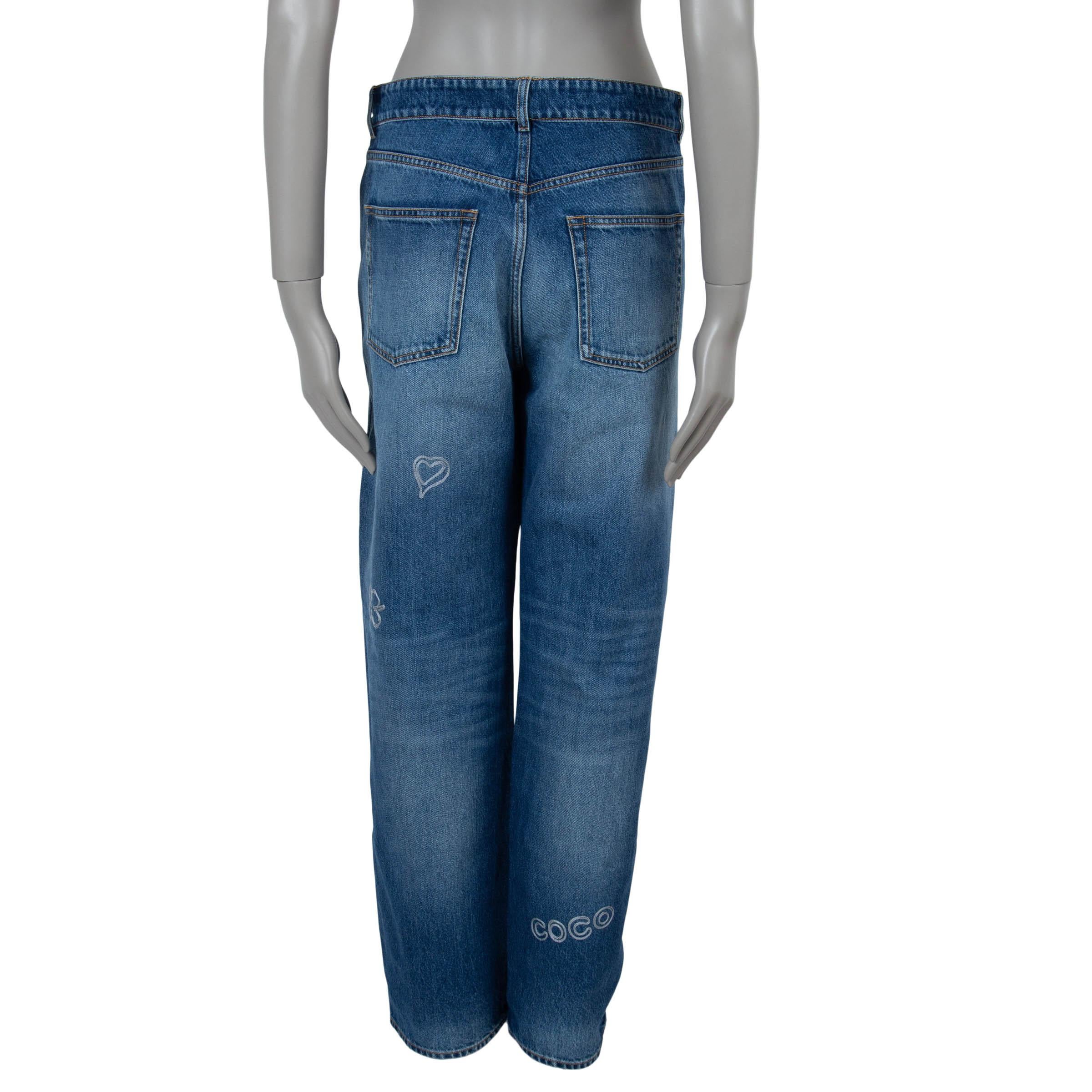 Blue CHANEL blue 24B EMBROIDERED WASHED DENIM STRAIGHT Jeans Pants 44 L