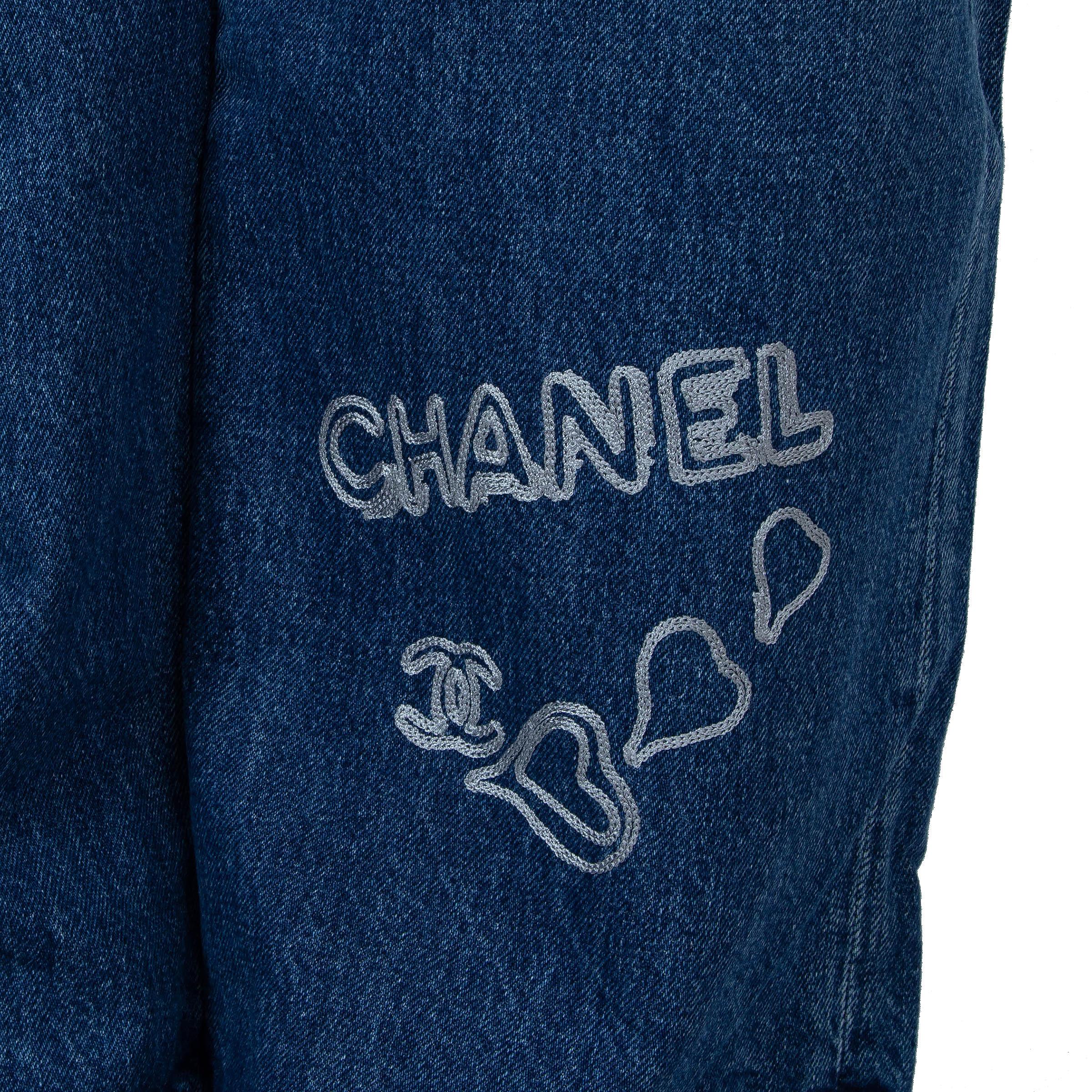 CHANEL blue 24B EMBROIDERED WASHED DENIM STRAIGHT Jeans Pants 44 L 1