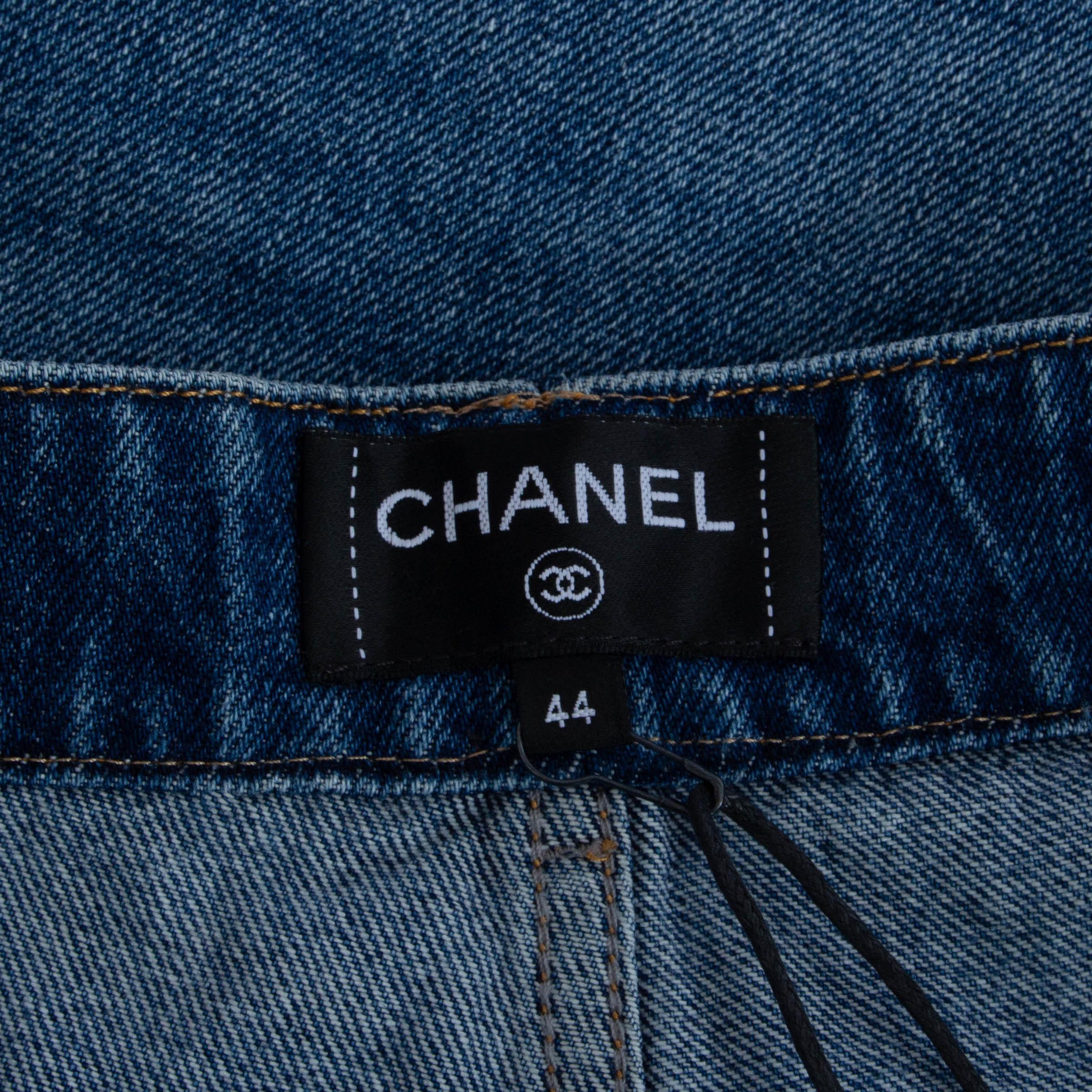 CHANEL blue 24B EMBROIDERED WASHED DENIM STRAIGHT Jeans Pants 44 L 2
