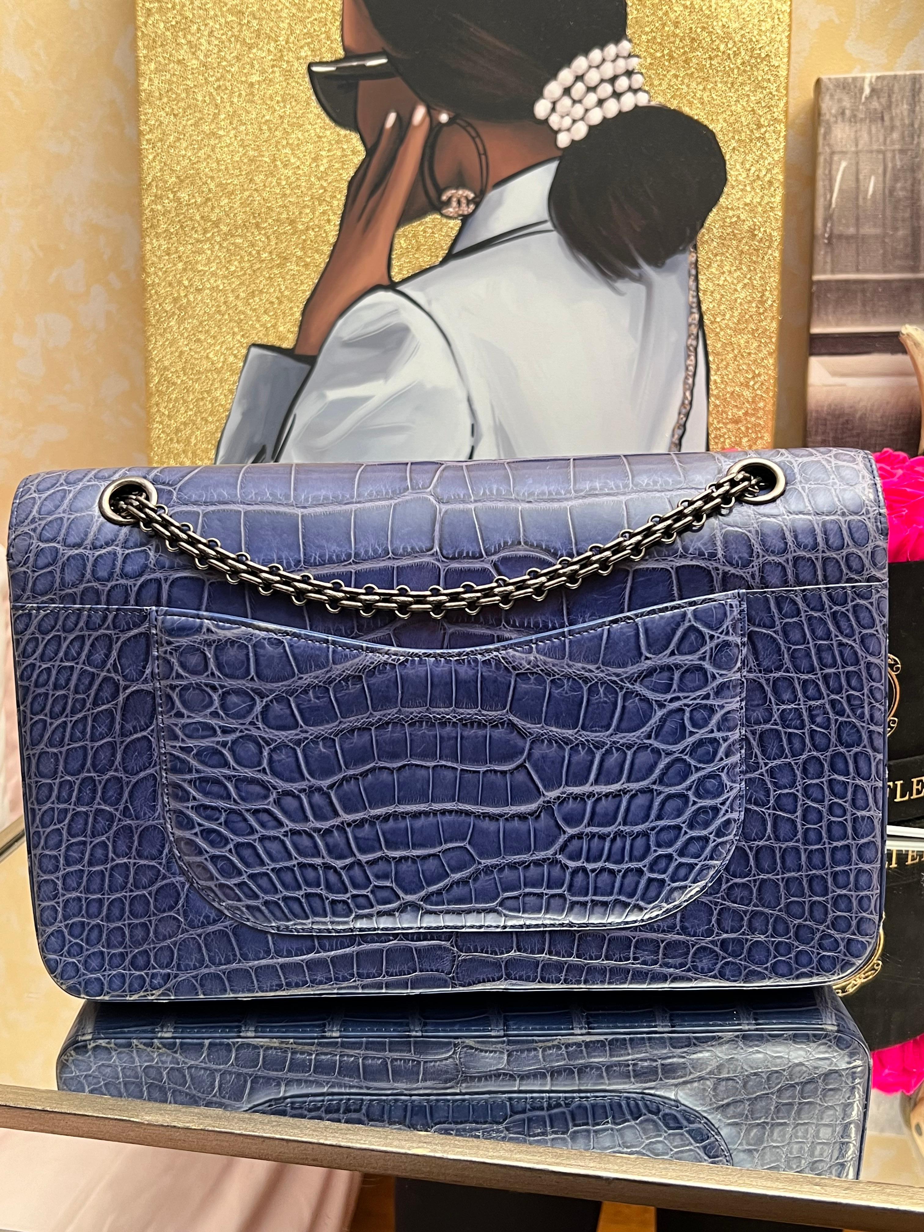 Chanel Blue Alligator 2.55 Reissue 226 Double Flap Ruthenium Hardware For Sale 11