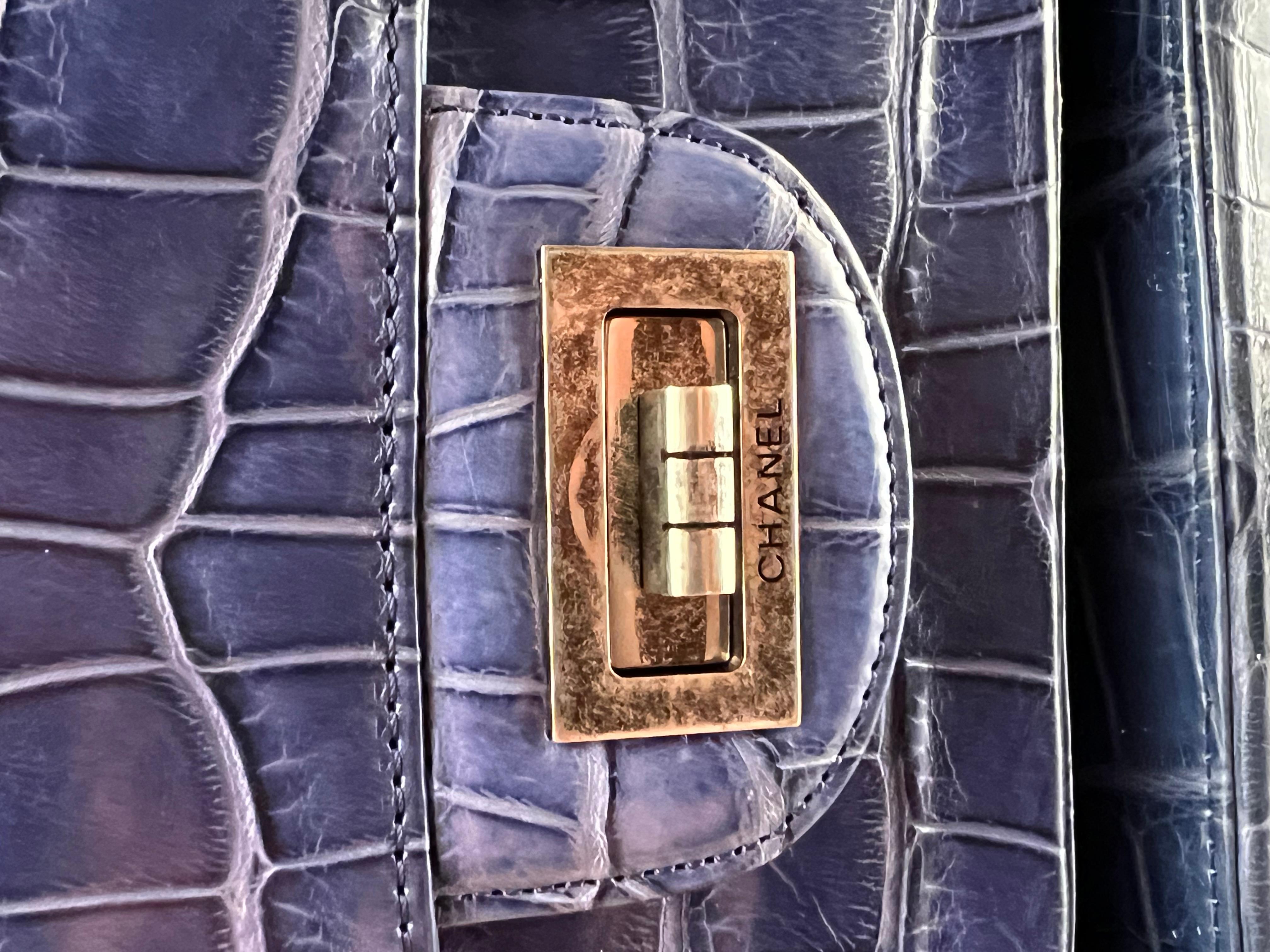 Chanel blue alligator 2.55 Reissue 226 Double Flap Rutherium Hardware  For Sale 6