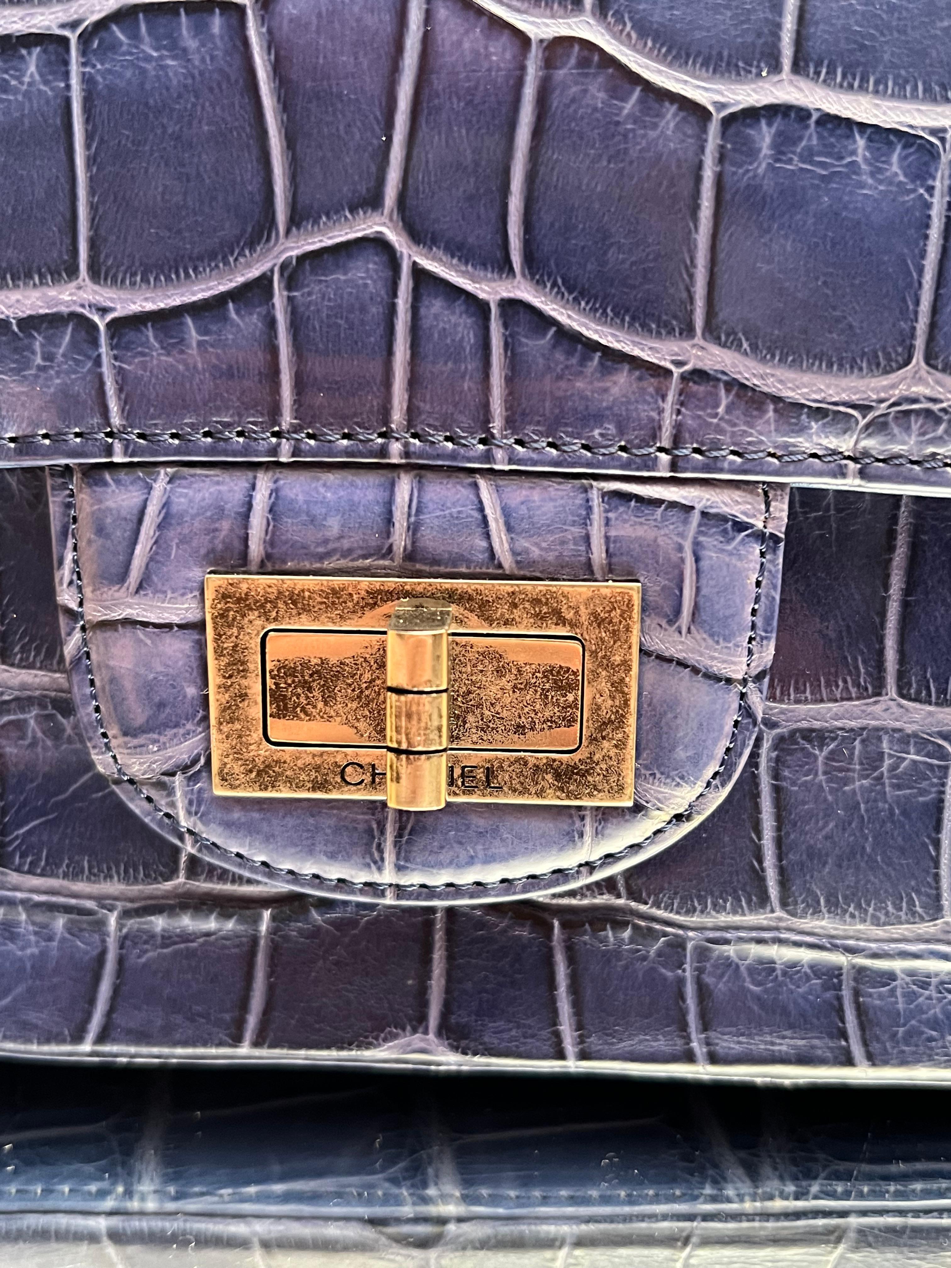 Chanel Blue Alligator 2.55 Reissue 226 Double Flap Ruthenium Hardware For Sale 6