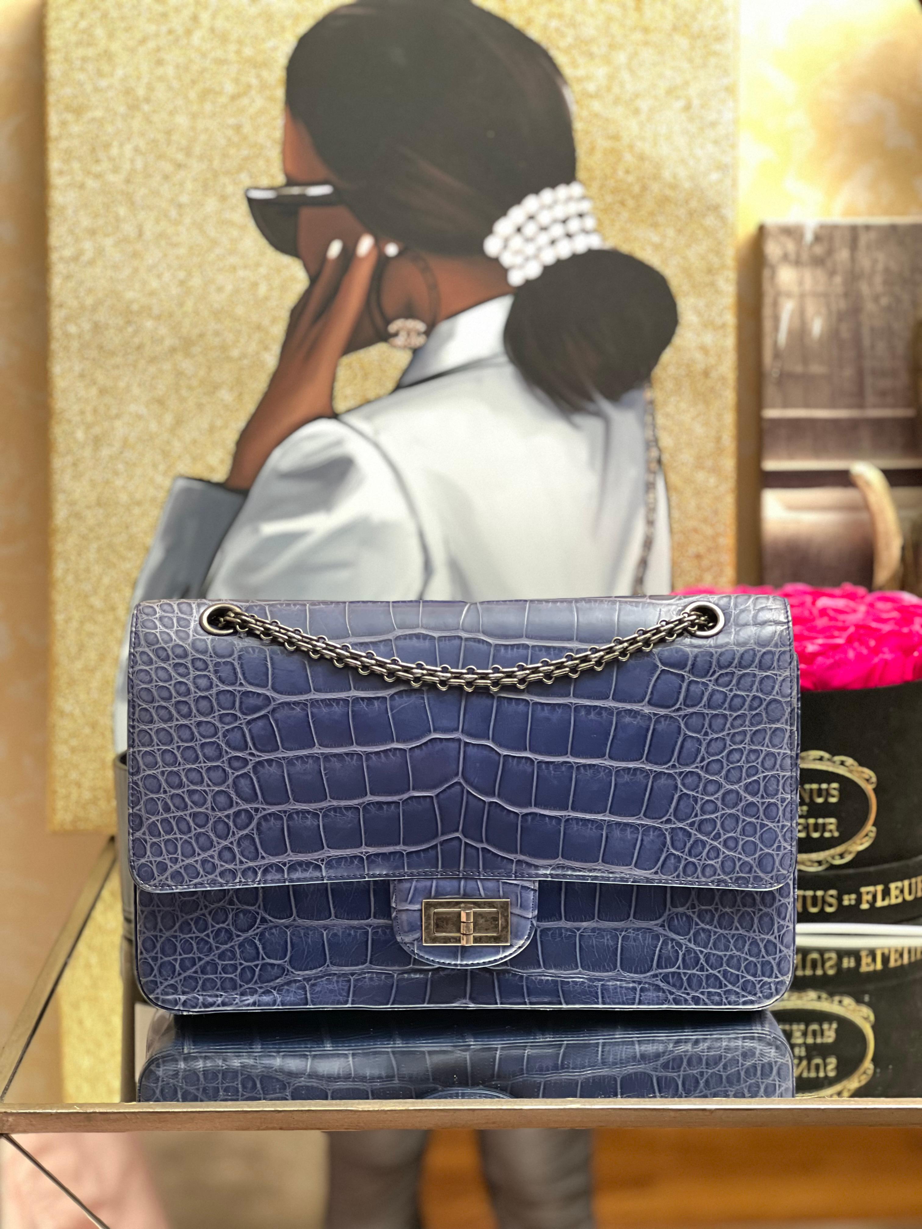 Chanel blue alligator 2.55 Reissue 226 Double Flap Rutherium Hardware  For Sale 7
