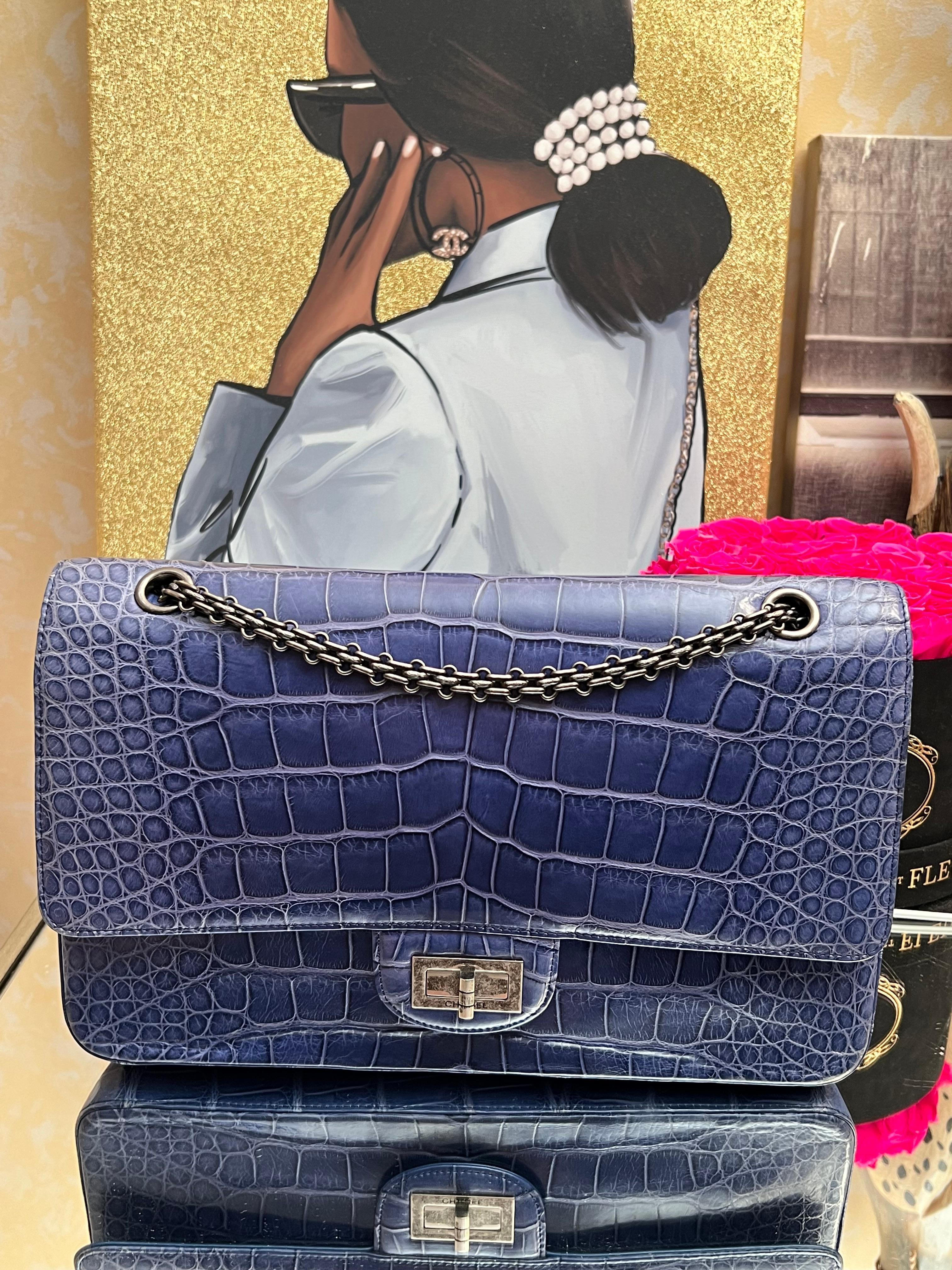 Chanel blue alligator 2.55 Reissue 226 Double Flap Rutherium Hardware  For Sale 9