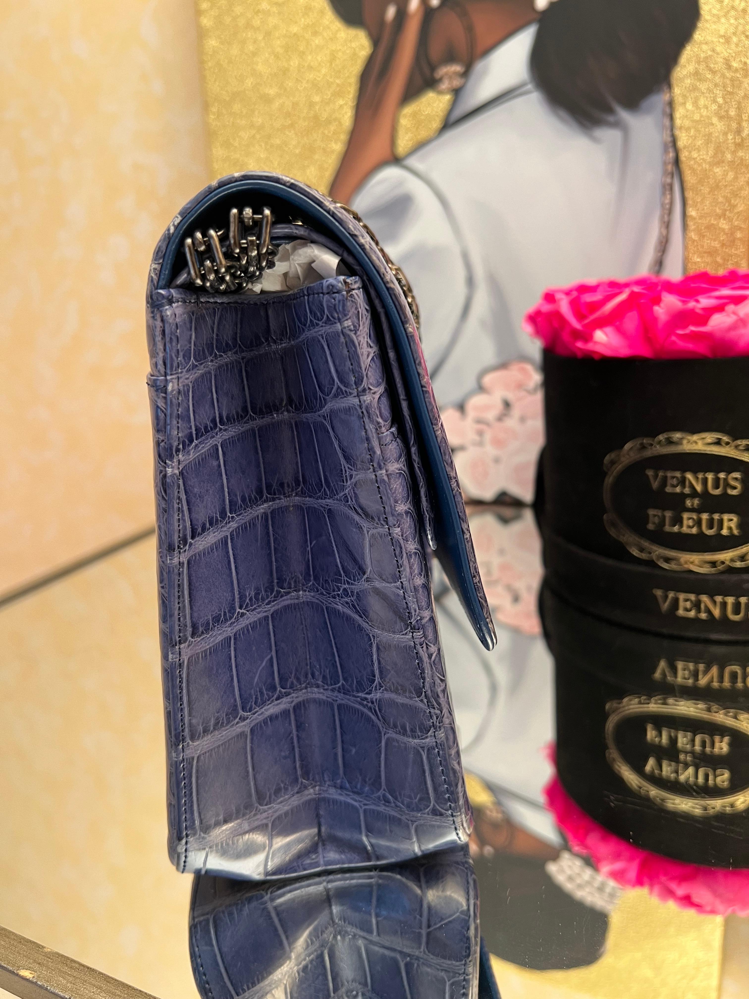 Chanel Blue Alligator 2.55 Reissue 226 Double Flap Ruthenium Hardware For Sale 9