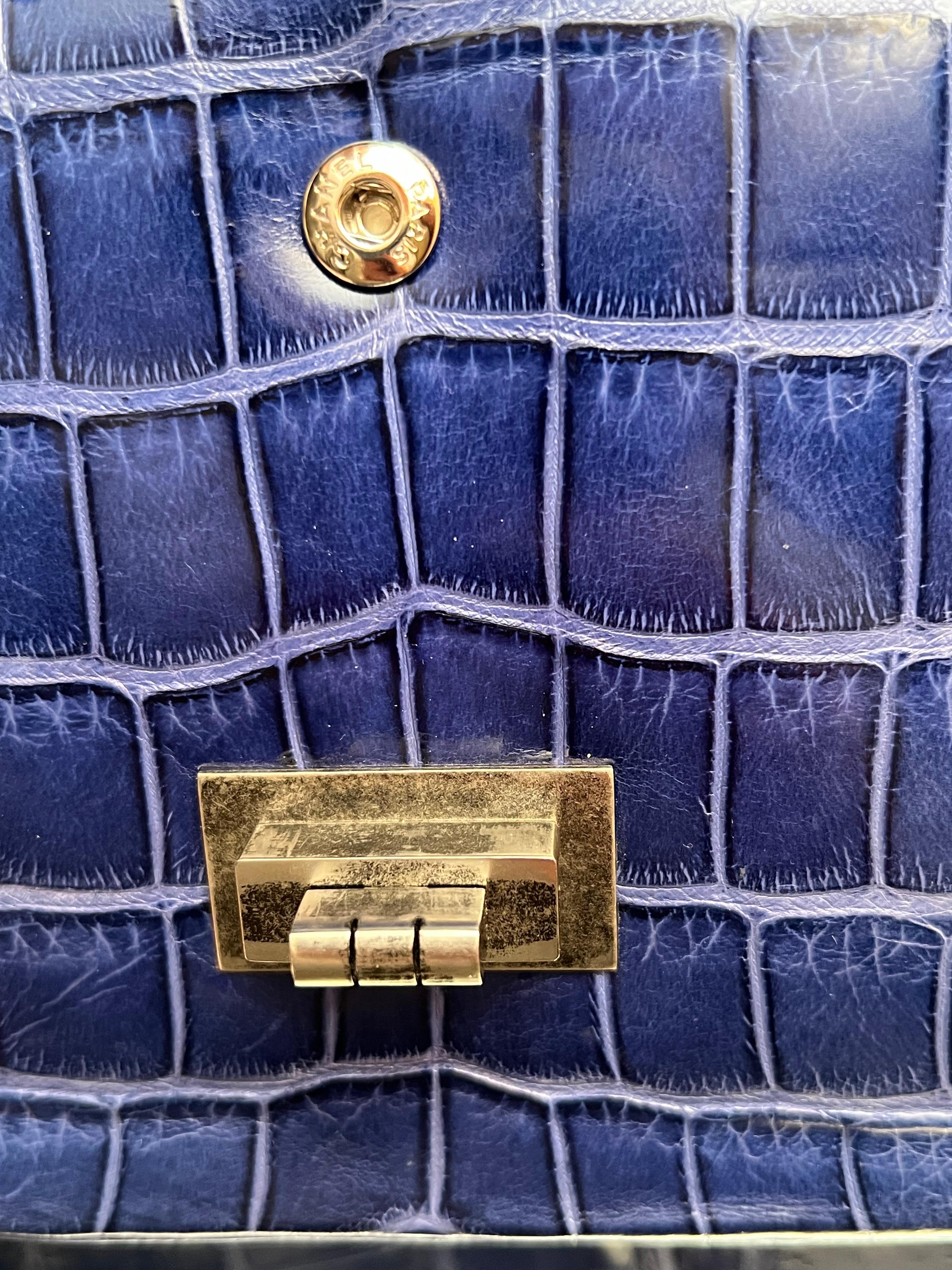Black Chanel Blue Alligator 2.55 Reissue 226 Double Flap Ruthenium Hardware For Sale