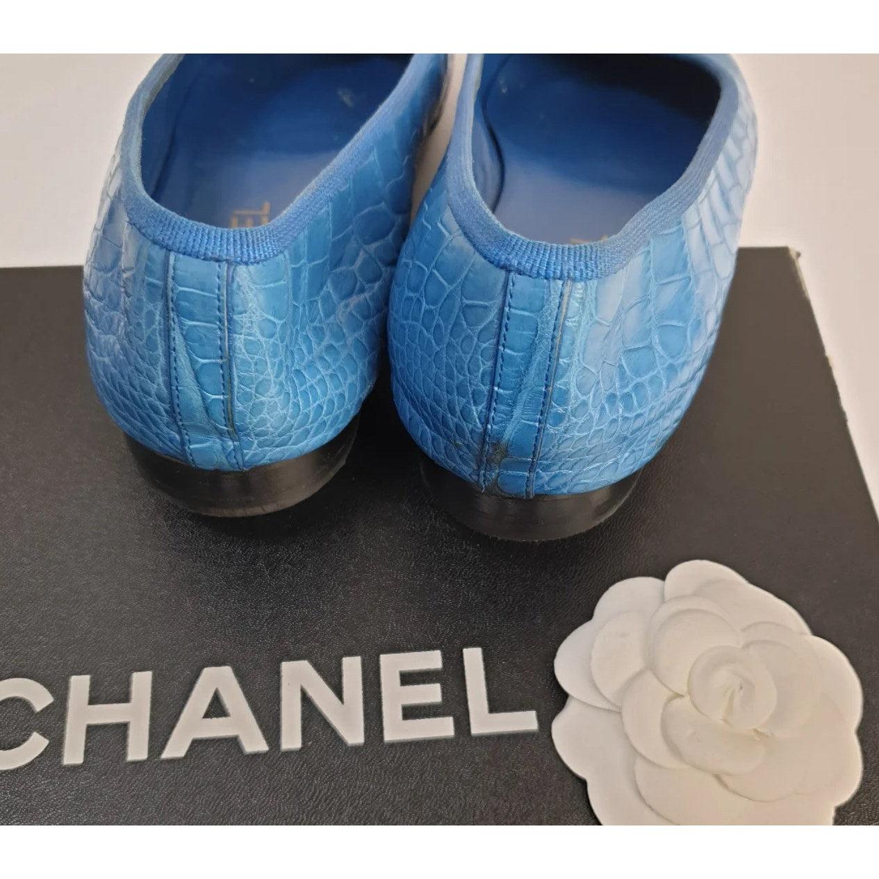 Blu Ballerine Chanel in alligatore blu CC  Sz. 40.5 in vendita