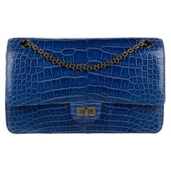 Chanel Blue Alligator Exotic Leather Gunmetal Medium Evening Shoulder Flap Bag