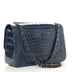 CHANEL Blue Alligator Exotic Leather Gunmetal Silver Hardware Shoulder Flap Bag