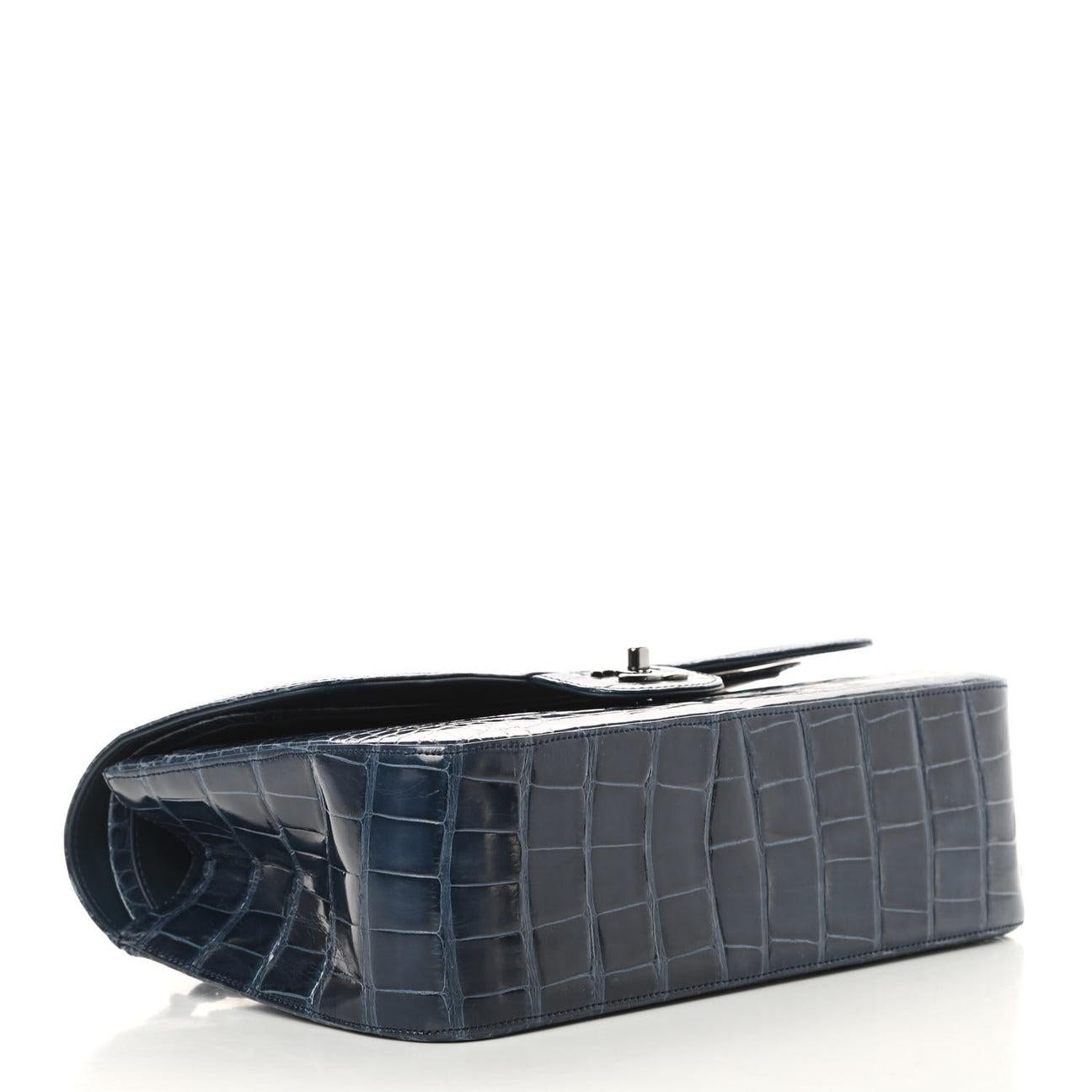 Black CHANEL Blue Alligator Exotic Leather Gunmetal Silver Hardware Shoulder Flap Bag 