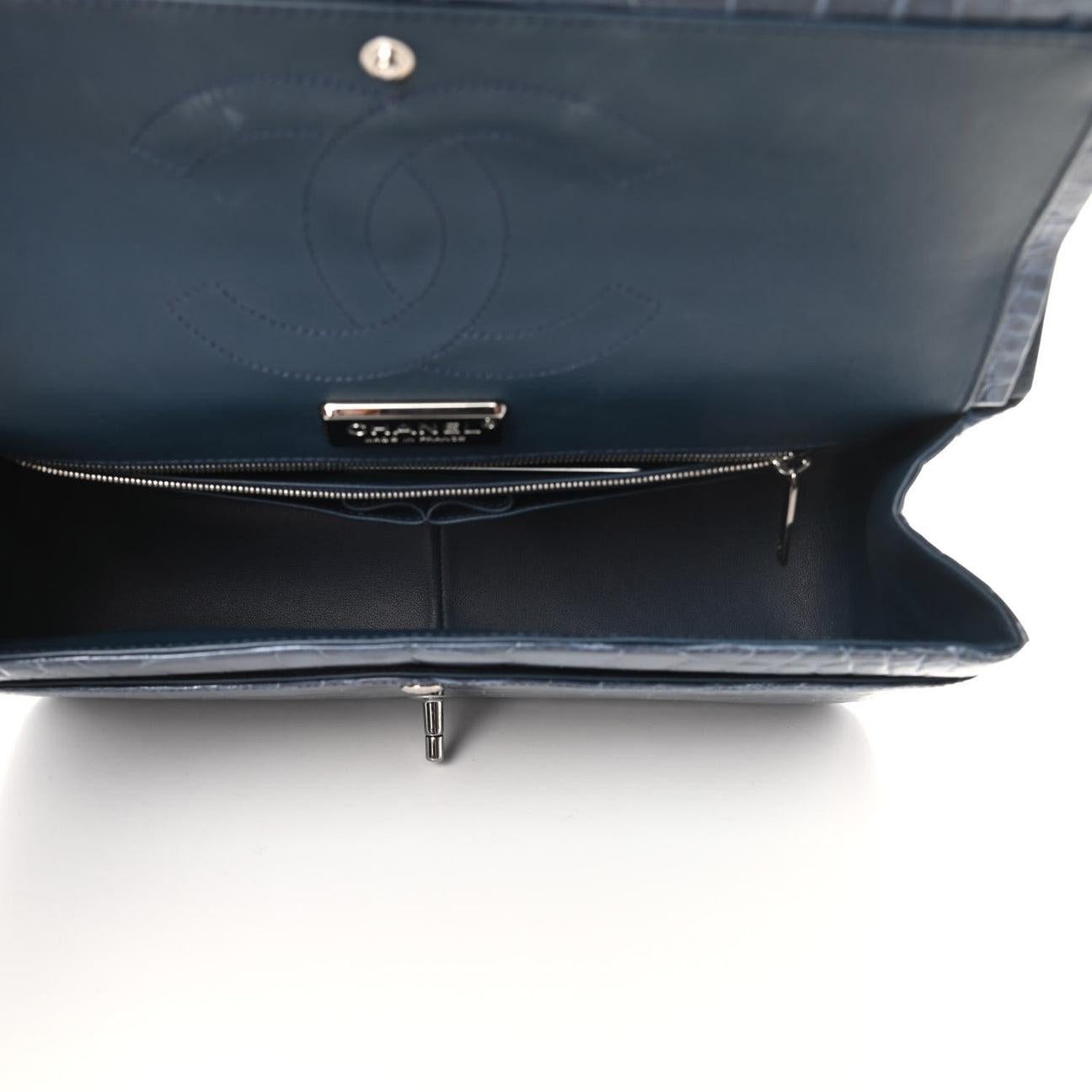 CHANEL Blue Alligator Exotic Leather Gunmetal Silver Hardware Shoulder Flap Bag  In Good Condition In Chicago, IL