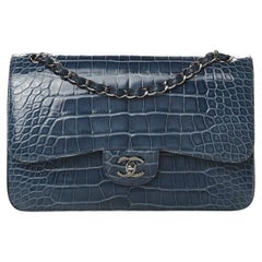 CHANEL Blue Alligator Exotic Leather Gunmetal Silver Hardware Shoulder Flap Bag 