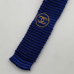 Chanel Blue and Black Knit Silk Neck Tie with Chain Detail