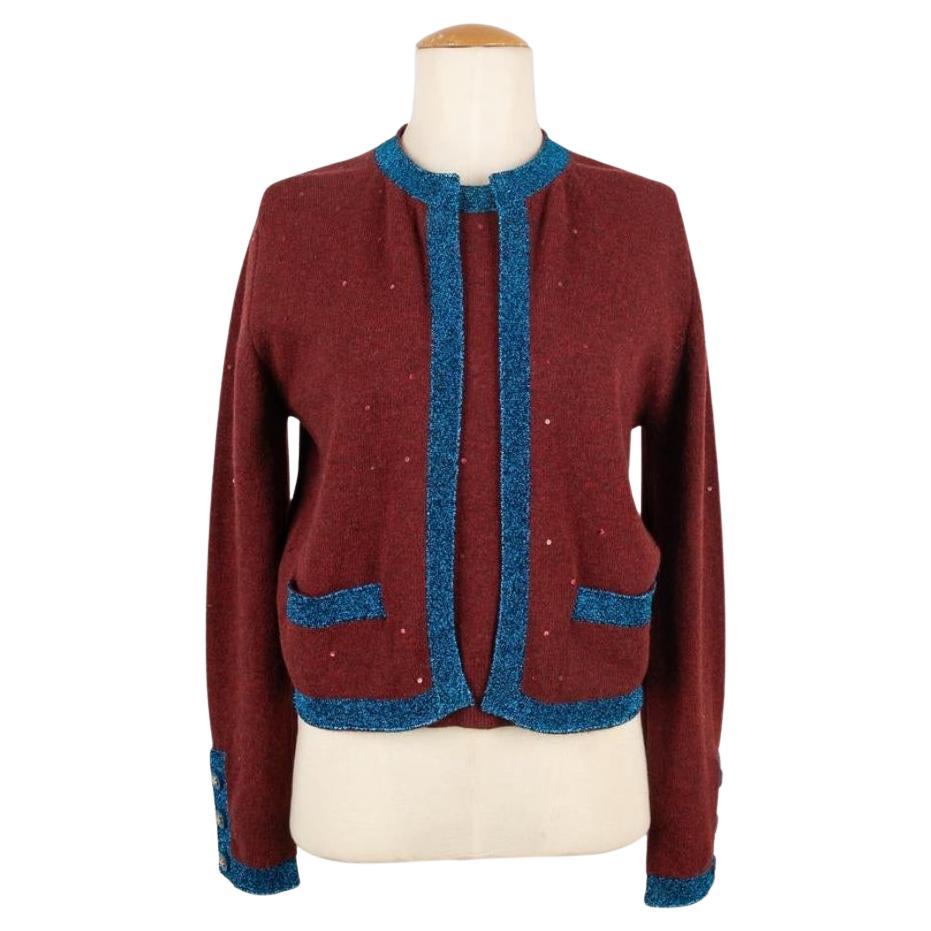 Chanel Blue and Burgundy Cashmere Twin Set, 1996 For Sale