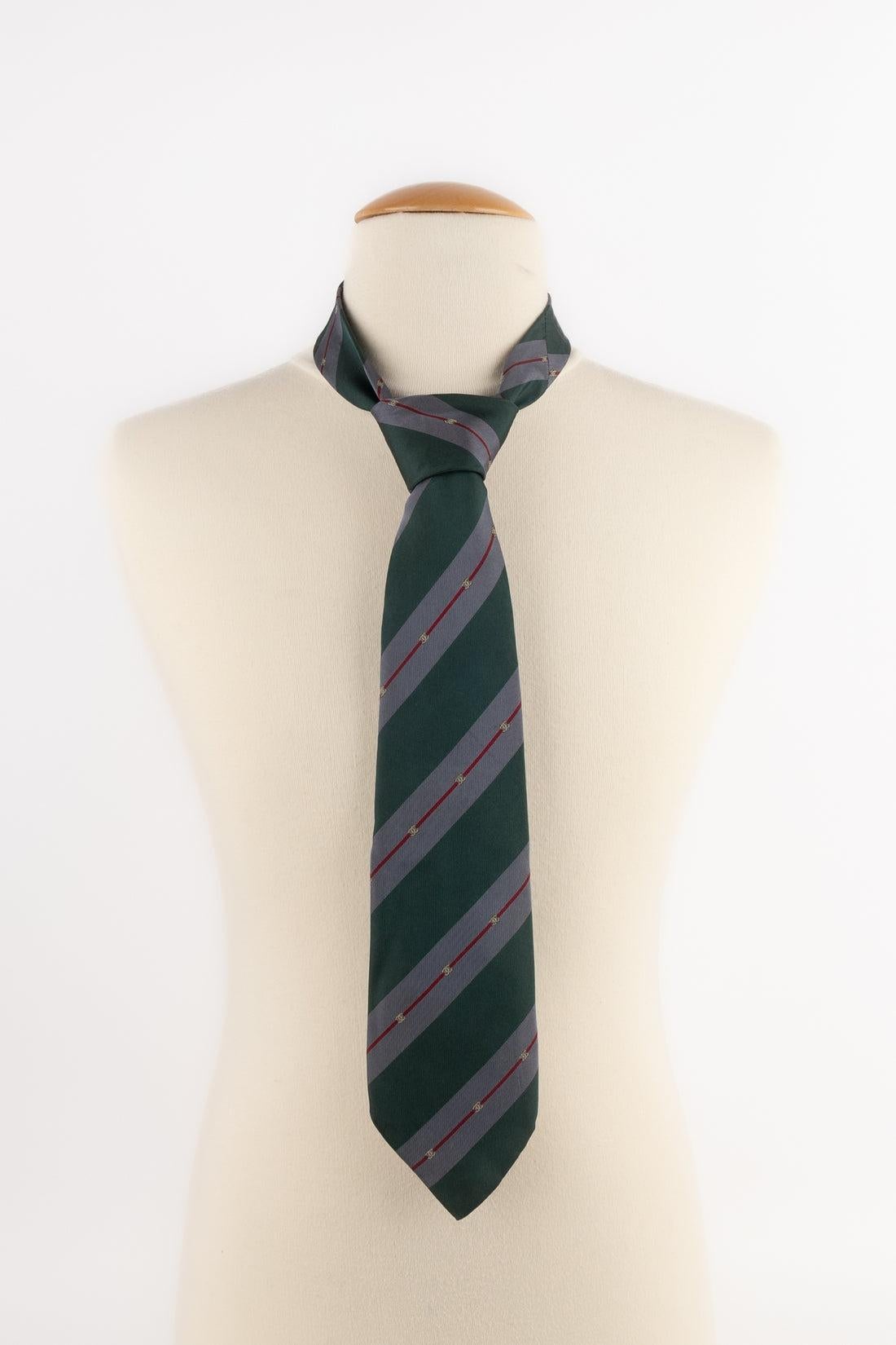 Black Chanel Blue and Green Tone Patterns Silk Tie