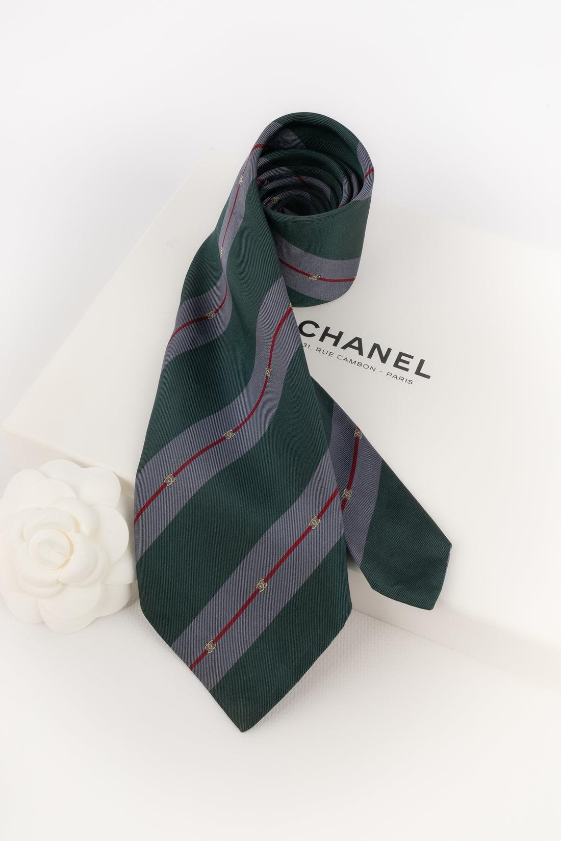 Chanel Blue and Green Tone Patterns Silk Tie 1