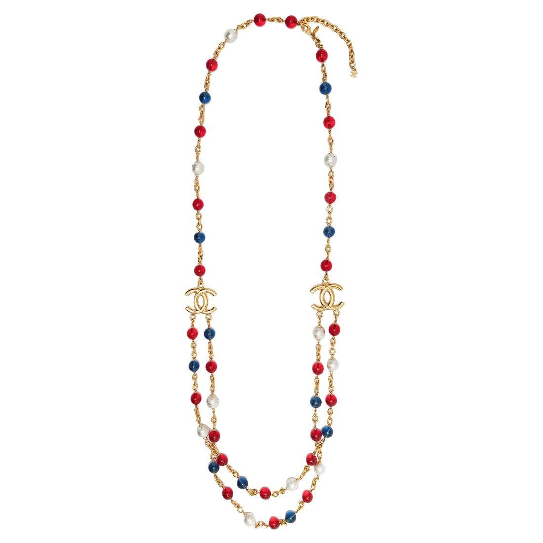 Chanel Blue and Red Beads CC Necklace For Sale