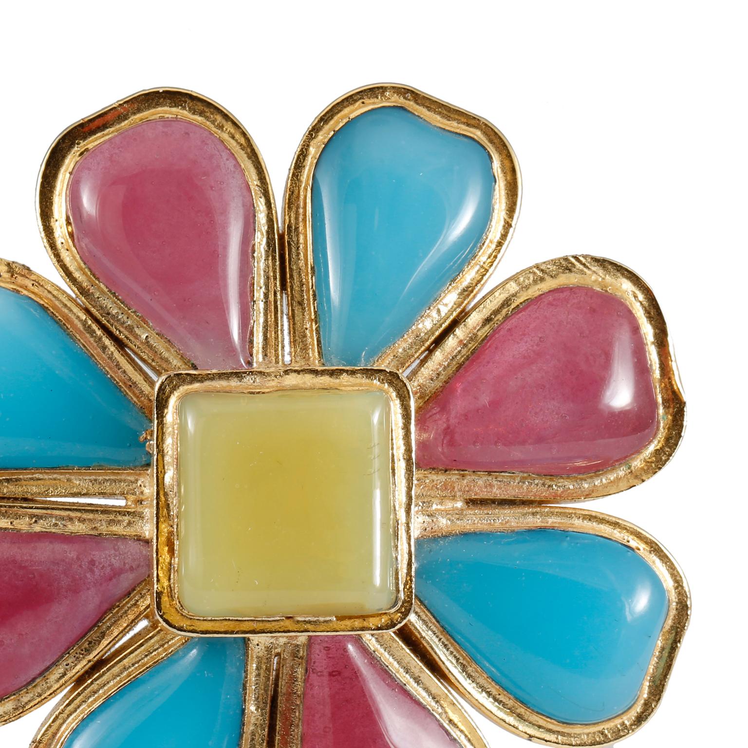 Chanel Blue and Red Gripoix Flower Pin In Good Condition In Palm Beach, FL