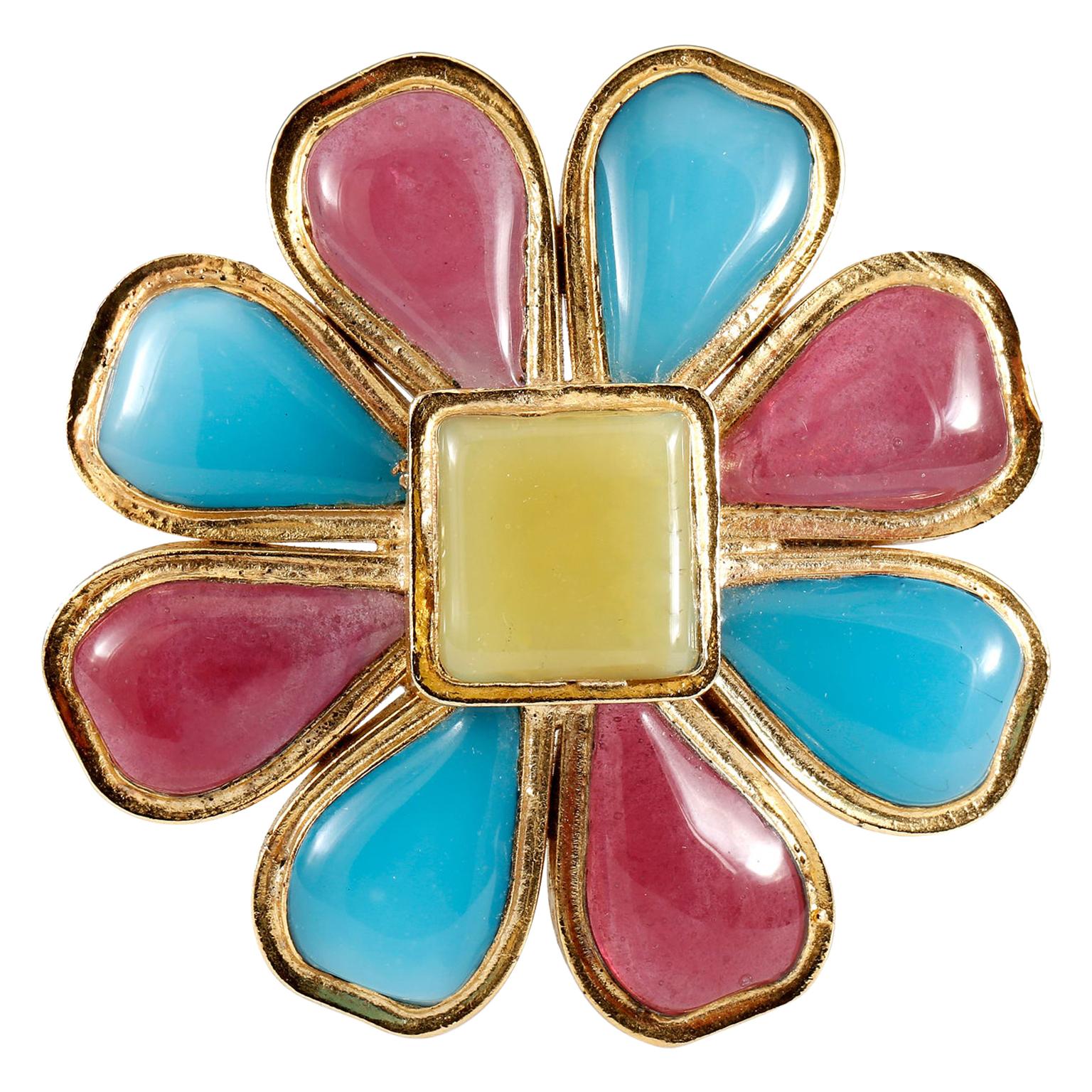 Chanel Blue and Red Gripoix Flower Pin