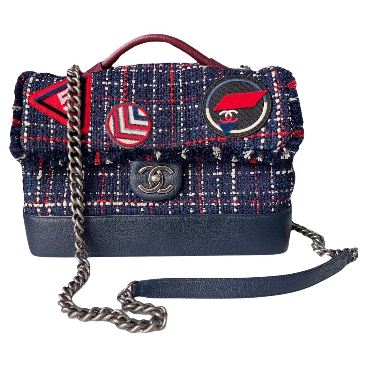 Chanel Blue and Red Tweed and Caviar Airline Flap Bag Silver Hardware 2016
