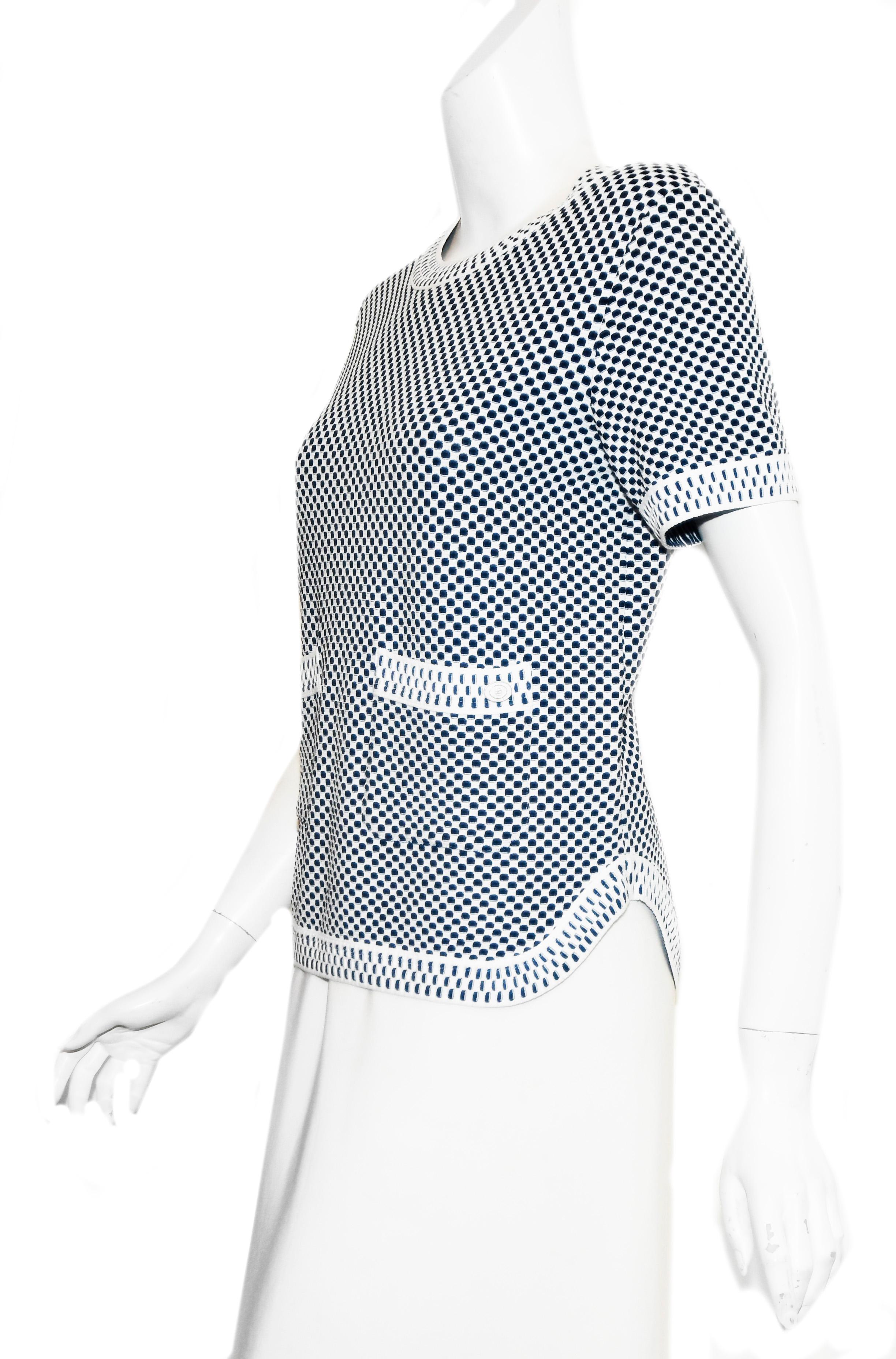 Chanel Blue and White Knit Round Collar Short Sleeve Top In Excellent Condition In Palm Beach, FL